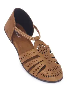 V-WALK Women's Laser-Cut Design Daily-Wear Casuals Ankle-Strap Flat Sandals | Casual, Office, College, Work, Shopping, Outdoor Sandals for Women | Tan