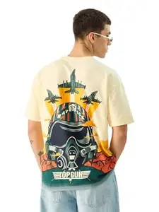 The Souled Store Official Top Gun: Jets Men and Boys Short Sleeve Round Neck Off White Graphic Printed Cotton Oversized T-Shirts