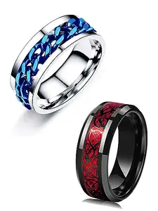 Amaal Rings for Men Combo Boyfriend gents friends girls Blue gold Silver Ring for Boys 2 Stainless Steel finger Rings Stylish Valentine Gifts Thumb band black ring for men mens ring Fashion AM237_19