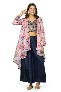 Fashion Dream Women’s Dola Silk Crop Top And Palazzo Suit Set with Shrug (FDWSET00062 NBL XL_Navy Blue_XL)