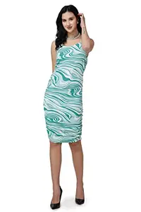 POPWINGS Women Casual Green Marble Printed Knee Length Bodycon Ruched Dress