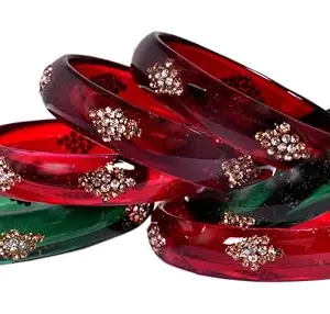 Swara Creations Traditional Bangles Set |Glass Kade in Crystal Glossy Finish with Zircon on it| Glossy Bangles Kada for Women & Girls(Set of 6)