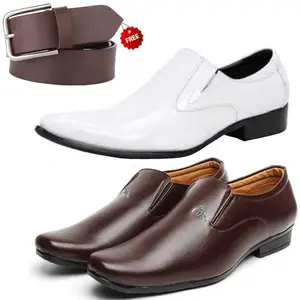 Unique Trendy Formal Shoes/Party Shoes/ 2 Shoes Combo with Free Belt for Men and Boys (BAZAAR8926_VTR-401-Wht) Multicolor