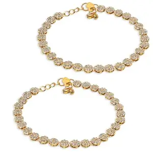 fabula Jewellery Pair of Gold Tone American Diamond AD Ethnic Payal Anklets For Women & Girls Stylish Latest (AVM5_AFR1)