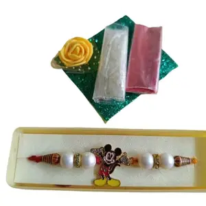 Decorative Rakhi Set for Brother with Mickey Mouse Design, Pearl Beads, Gift Box (5)