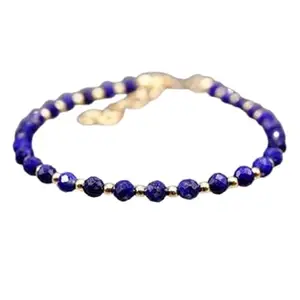 LKBEADS Gold Plated Bracelet with Blue Faceted Lapis Lazuli Beads – Round 4mm – 7 inch Adjustable – For Men & Women|LK_STACK_04396
