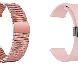 ACM Pack of 2 Watch Strap Magnetic & Silicone Magnetic Clasp Belt 20mm compatible with Wings Strive 100 Smartwatch Metal Chain with Sports Hook Band (Rose Gold Pink/Creame Pink)