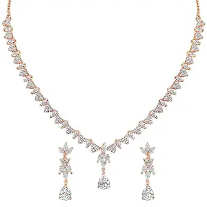 Peora Rose Gold Plated Cubic Zirconia Stone Studded White Necklace with Drop Earring Fancy Jewellery Set Gift for Women & Girls