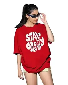 YOUNSHE Stay Gory Graphic Printed Cotton Women T Shirt Three Quarter Sleeve Casual Relaxed Fit Top