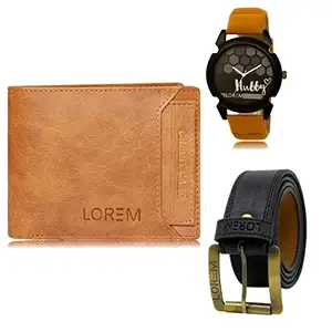 LOREM Watch-Artificial Leather Belt & Wallet Combo for Men (Fz-Lr32-Wl06-Bl01)