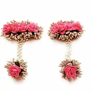 Flower Jewellery Traditional Pink and Golden Flower Bracelets with Attached finger Rings(adjustable). 2 Items Hand Jewellery for Haldi, Baby Shower, Mehndi, Godbharai Set For Girls.