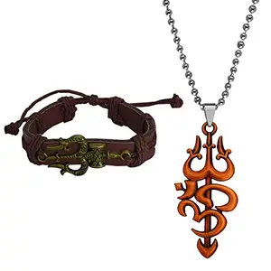 M Men Style Large Om Bracelet Trishul damaru Om Pendant Chain Bronze Leather Zinc Religious Jwellery Set For Men And Women