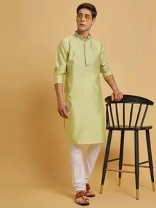 SWAGG INDIA Green Woven Design Mandarin Collar Thread Work Chanderi Cotton Kurta