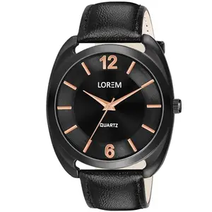 LOREM Stylish Synthetic Leather Black Dial Round Watch for Men-LR75
