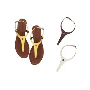 Cameleo -changes with You! Women's Plural T-Strap Slingback Flat Sandals | 3-in-1 Interchangeable Leather Strap Set | Yellow-Brown-White