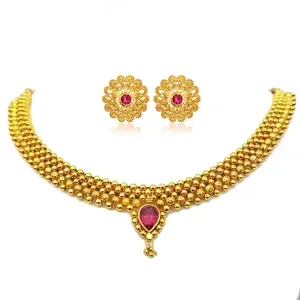 Traditional Wedding Maharashtrian Kolhapuri Thushi Necklace Saaj Thushi Mangalsutra Pendant Locket Necklace Set Jewellery Set with Jhumki Earring Combo(ComboThushi812-Tops2005_bzr)
