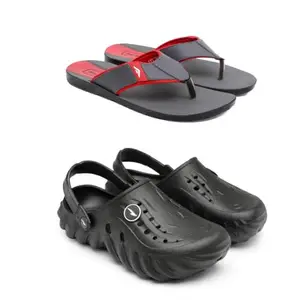 ASIAN Men's Combo Casual Walking Daily Used Clogs & Slipper with Lightweight Clog & Pu Slippers for Men's & Boy's Red