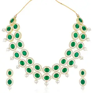 Peora Gold Plated Green Cubic Zirconia Synthetic Stone & Beads Studded Necklace Drop Earrings Fashion Jewellery Set for Women