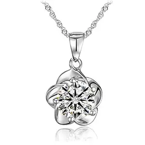 dc jewels Sterling Silver Non-Precious Metal Flower Design Solitaire American Diamond Fashionable Pendant Necklace with Chain for Women