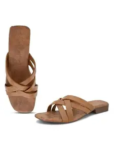 XE Looks Women's Tan Flat Slippers | Stylish & Trendy Cross-Strap Design in Suede Finish | Comfortable Cushioned Footbed | Slip-On Lightweight Flats Slippers For Girls & Women UK-8