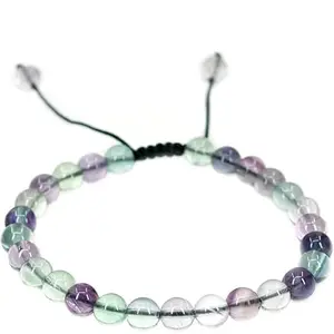 RRJEWELZ Natural Rainbow Fluorite Round Shape 8mm Smooth Beads Green Color Threaded Adjustable Bracelet For Men & Women. |TDBR_1464