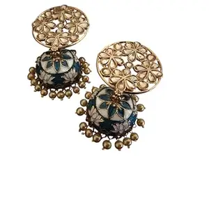 Fashion Empire Traditional Kundan Stud Jhumka Earrings with Blue Meenakari Work & Pearl Beads