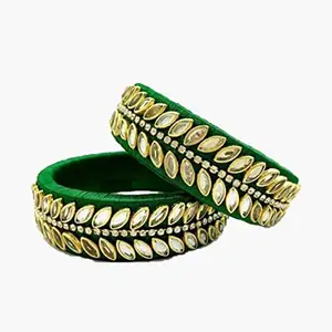 HARSHAS INDIA CRAFT Silk Thread Bangles With Kundan Stones Chuda Bangle Set For Womnes and girls (Dark Green-1) (Size-2/4)