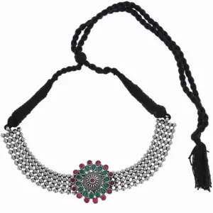 Dulcett India | Traditional Afghani Choker Necklace Set| Oxidised Silver Red & Green Stone Choker Necklace Set | Afghani Jewellery Floral Choker With Earrings Set For Women & Girls