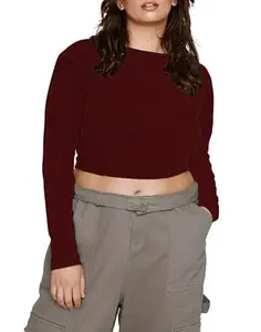 Women's Cotton Blend Basic Sexy Solid Crop Top Scoop Neck Slim Fit Full Sleeve Saree Readymade Saree Blouse 1138 L1702 SV (30, MRN)