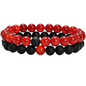 RRJEWELZ Matte Black Agate & Carnelian 8mm Round Smooth beads Long Distance Couples Love Friendship Combo Bracelet Set - Couples Relationship 7 inch Stretchable Bracelets set|RR_CPBR_192_7