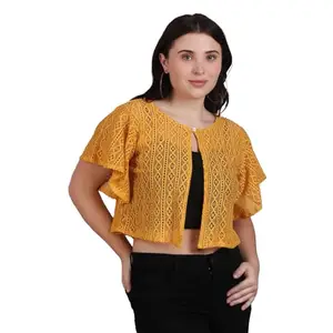 Dressitude Women Self Design Cotton Lace Round Neck Flared Sleeve Shrug | Front Open, Button Closure | Mustard Colour | 7X-Large