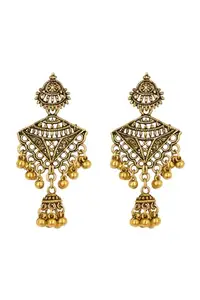 Antique Gold Chandelier Earrings, Traditional Jhumka Style, Double Ball Drop Design with Filigree Work