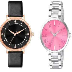 LAKSH Best Quality Ethnic Embossed Designer Shine Round Dial with Slim Fit Leather &Stainless Steel Belt Women Analog Watches for Girls(SR-755) AT-7551(Pack of-2)