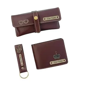 Savri Personalized Men's Leather Wallet, Eyewear and Key-Chain Combo with Charm | Ideal Gift for Fathers Day, Teacher's Day, Brother's Day | Ideal for Gifting on Any Special Occasion. Color - Brown