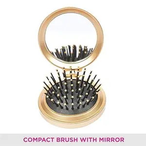 Compact Folding Hair Brush with Mirror, Gold, Portable Travel Size for boys and girls mini mirror and comb for men and women for office and travelling