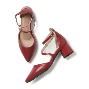 Marc Loire Women's PU Leather Pointed Toe Pumps with Block Heel | Formal Party Shoes with Ankle Loop & Buckle Closure (Maroon, UK Footwear Size System, Adult, Women, Numeric, Medium, 6)