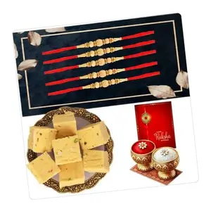 Poorak Designer Greeting Card, Rakhi, Chawal Roli Pack (5 Rakhi for brother, 1 Soan Papdi Pack, etc.)