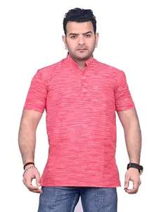Men's Short Sleeve Kurta, Mandarin Collar, Textured Cotton, Orange (in, Alpha, L, Red)