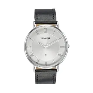 Sonata Quartz Analog with Date Silver Dial Black Leather Strap Watch for Men