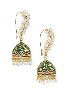 OOMPH Jewellery Green Meenakari & Pearls Large Jhumka Earrings For Women & Girls