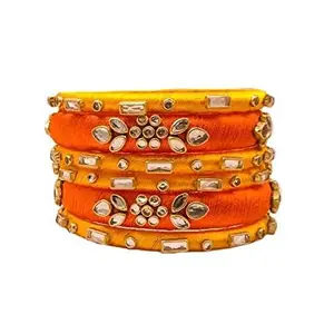 HABSA HABSA Hand Made Silk Thread Bangles Fancy Festival Wear Kundan Stone Bangles Set of 6 Bangles Orange-Yellow(size-2/2)