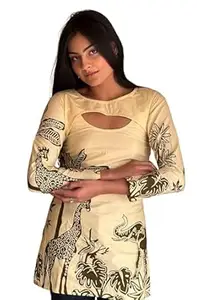 VAAKI Women Cream Safari Print Kurti Top Cotton | Full Sleeve Cut-Out Neck Long Tunic for Casual Wear
