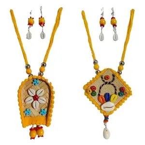 Handcrafted Shell and Bead Necklace Set, Traditional Yellow Pendant Design with Cowrie Shells, Pack of 2