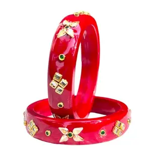 Aaroz and Company Red Glossy Handcrafted Lac Bangles with Mirror Work (2.8)