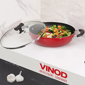 Vinod Popular Aluminium Non Stick Kadhai with Glass Lid -2.5 Litre, 24 cm | 2.6mm Thick | Kadai for Cooking | Bakelite Handle | Induction and Gas Base | 2 Year Warranty - Red price in India.