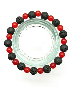 RRJEWELZ 6-8mm Natural Gemstone Red Chalcedony & Black Lava Round shape Smooth cut beads 7.5 inch stretchable bracelet for men & women. | STBR_RR_03968