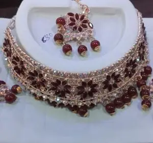 Crystal Choker Necklace Set with Maroon Floral Design, Rose Gold Plated, Earrings and Maang Tikka, Wedding Jewellery