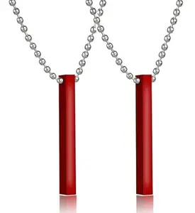 National (Set Of 2 Pcs Unisex Metal Fancy & Stylish Maroon Color 3D Vertical Bar Cuboid Stick Custom Name Locket Pendant Necklace With Ball Chain Jewellery Set
