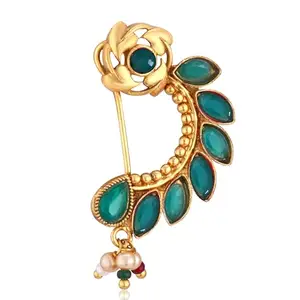 VFJ VIGHNAHARTA FASHION JEWELLERY Vighnaharta Gold Plated Green Pearls (Moti) with CZ stone Alloy Maharashtrian Cultural Nath Nathiya./ Nose Pin for women[VFJ1258NTH-PRESS-GREEN]
