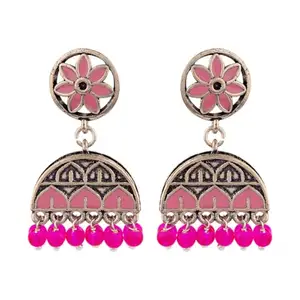 Voylla Oxidised Silver Plating Brass Rangabati Pink Embellishments Jhumkis Earrings for Women